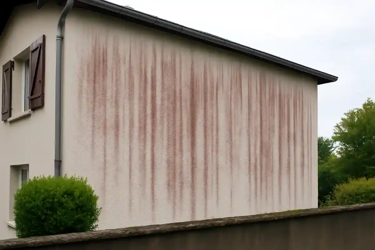Façade sale avec traces rouges et lichens
